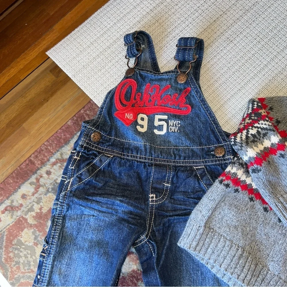 Oshkosh Embroidered Overalls size 6-9months, sweater 12 M.